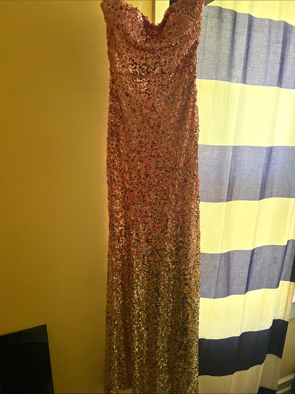 Strapless Pink To Gold Sequin Evening Gown